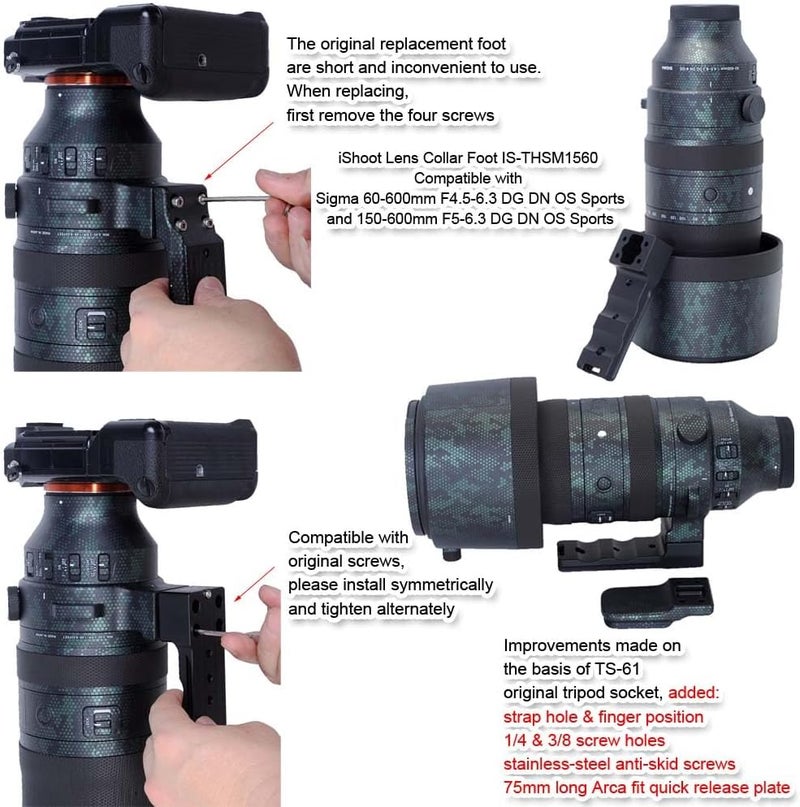 iShoot Lens Collar Replacement Foot Tripod Mount Ring Support Holder Base Compatible with Sigma 150-600mm f/5-6.3 (DG DN OS Sports)(DG OS HSM Sports); 60-600mm f/4.5-6.3 (DG DN OS Sports)(DG OS HSM Sports) - Image 4